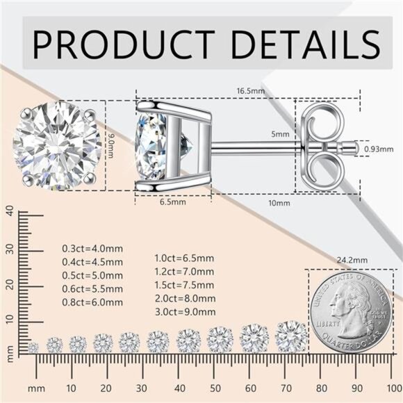 Moissanite StudEarrings,0.6ct-2ct DF Color Brilliant RoundCut LabCreated Diamond - Picture 5 of 7